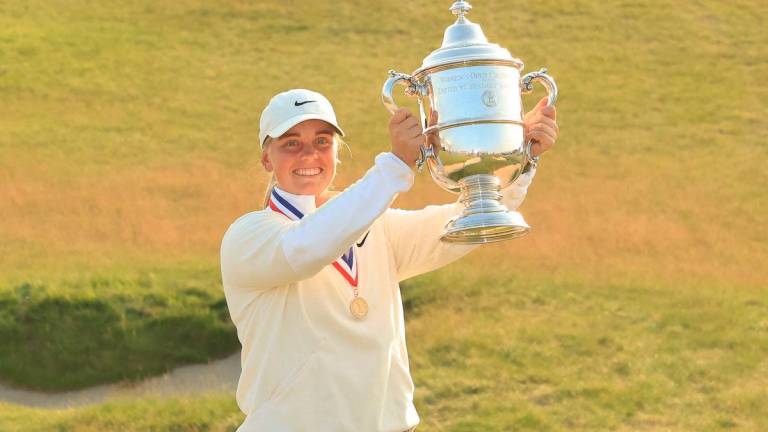 Maja Stark of Sweden poses with the Harton S. Semple Trophy after winning the final round of the U.S. Women’s Open presented by Ally 2025 at Erin Hills Golf Course on June 01, 2025 in Erin, Wisconsin. AFPpix