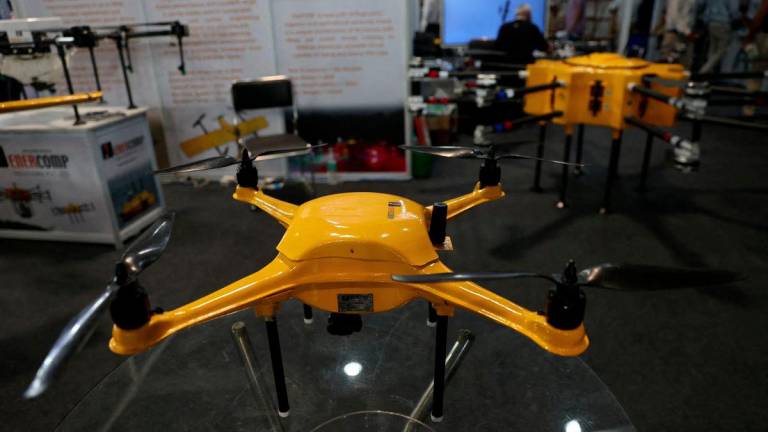 A view shows Falcon, a surveillance drone, on display at the drone exhibition at Bharat Drone Shakti 2023 organised by the Indian Air Force and Drone Federation of India at the Hindon Airbase in Ghaziabad, India, September 25, 2023. - REUTERSPIX