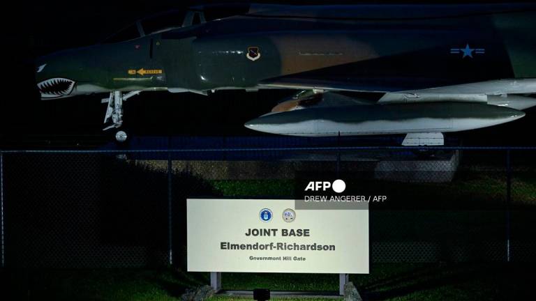 A view of an entrance to Joint Base Elmendorf-Richardson in Anchorage, Alaska on August 13, 2025, ahead of the August 15 scheduled meeting between US President Donald Trump and Russian President Vladimir Putin. - Drew ANGERER / AFP