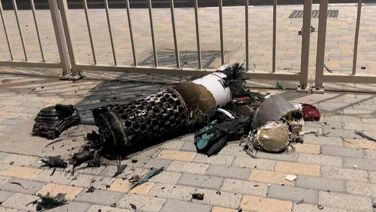 This frame grab take from AFPTV footage shows the remnants of an Iranian missile intercepted over Qatar - AFPpix