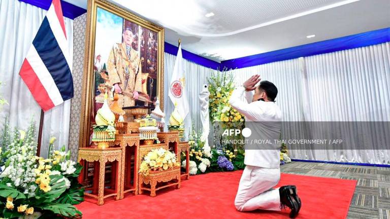 This handout picture taken and released by the Royal Thai Government on September 7, 2025 shows Bhumjaithai Party's leader Anutin Charnvirakul paying respects to an image of Thai king Maha Vajiralongkorn during the royal endorsement ceremony appointing him as Thailand's new prime minister in Bangkok. - Handout / ROYAL THAI GOVERNMENT / AFP