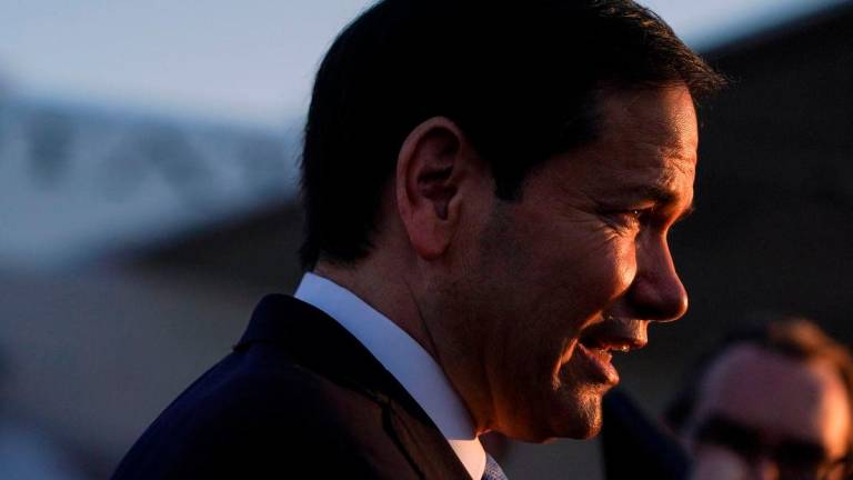 U.S. Secretary of State Marco Rubio speaks to media at Ben Gurion International Airport, as he departs Tel Aviv for Qatar following an official visit, near Lod, Israel, September 16, 2025. REUTERS/Nathan Howard/Pool