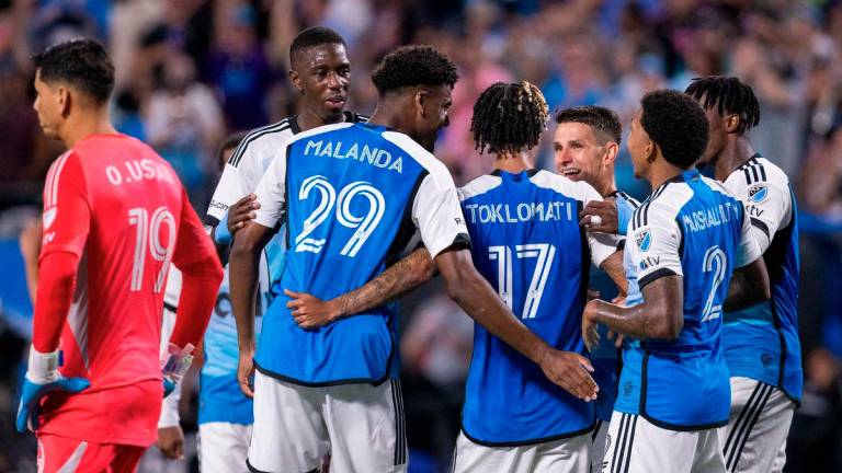 Sep 13, 2025; Charlotte, North Carolina, USA; Charlotte FC forward Idan Toklomati (17) celebrates after scoring against the Inter Miami in the second half at Bank of America Stadium. - Scott Kinser-Imagn Images via REUTERS