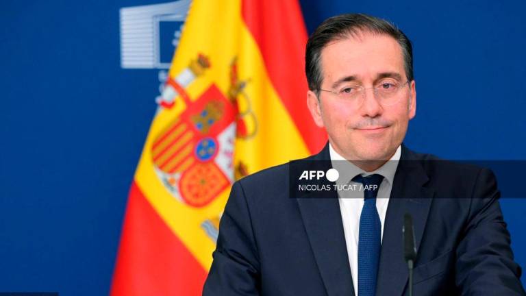 Spanish Foreign Minister Jose Manuel Albares looks on during a press conference on a post-Brexit deal with Spain and Gibraltar at the EU headquarters in Brussels on June 11, 2025. (Photo by Nicolas TUCAT / AFP)