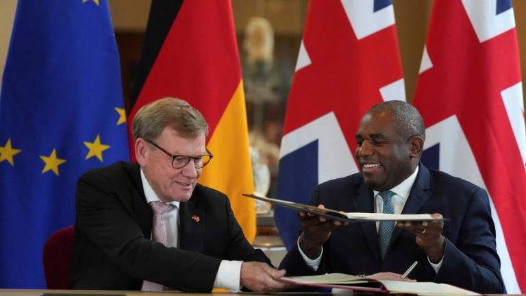 Germany's Minister for Foreign Affairs Johann Wadephul and Britain's Foreign Secretary David Lammy attend a signing ceremony of a wide-ranging bilateral cooperation treaty in London, Britain, July 17, 2025. - REUTERS