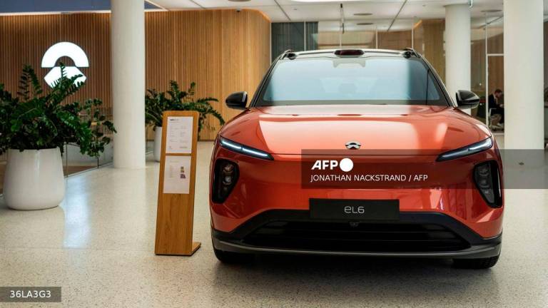 The electric NIO EL6 car model of Nio Inc, a Chinese multinational electric car manufacturer, is displayed in a showroom in the Norwegian capital Oslo, on September 27, 2024. - AFP
