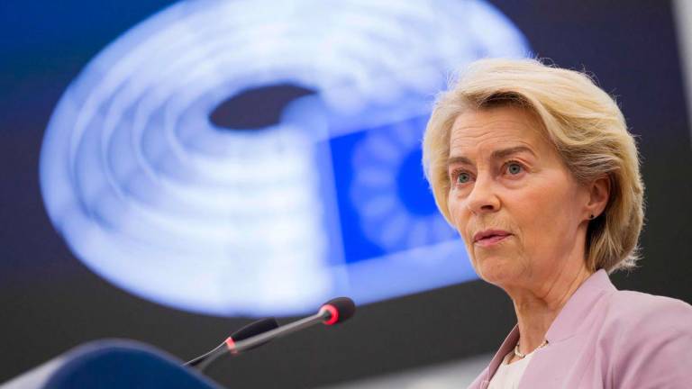 European Commission President Ursula von der Leyen gives a speech during a plenary session at the European Parliament, in Strasbourg on July 9, 2025. (Photo by Jean-Christophe VERHAEGEN / AFP)