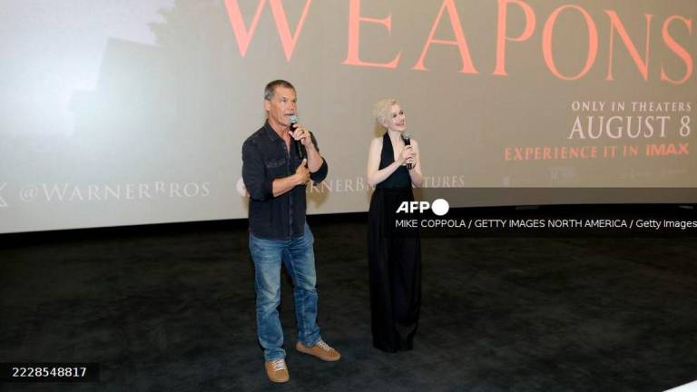 Josh Brolin and Julia Garner speak onstage during the “Weapons” NYC Special Screening Event at AMC Empire on August 04, 2025 in New York City. (Photo by Mike Coppola / GETTY IMAGES NORTH AMERICA / Getty Images via AFP)