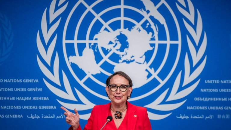 Secretary-General of the United Nations Trade and Development (UNCTAD) Rebeca Grynspan speaks during a press conference ahead of the 16th UN conference on trade and development, in Geneva, on October 13, 2025. - AFPPIX
