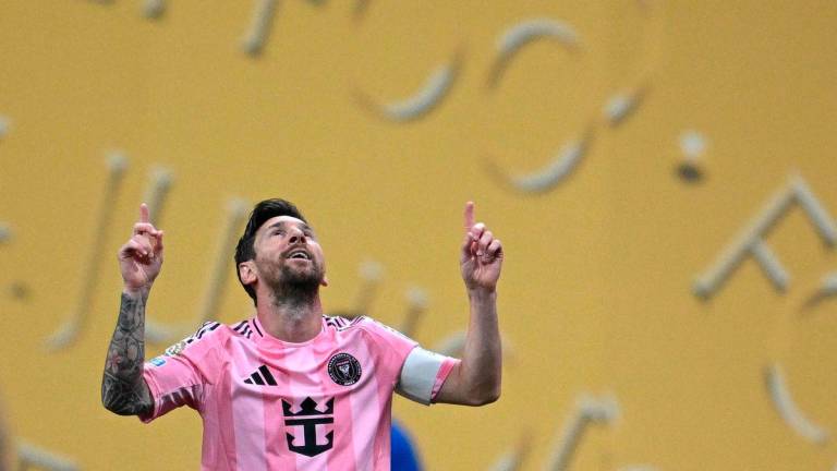 Inter Miami’s Argentine forward #10 Lionel Messi celebrates after scoring a goal during the FIFA Club World Cup 2025 Group A football match between US Inter Miami and Portugal’s FC Porto at the Mercedes-Benz stadium in Atlanta on June 19, 2025.