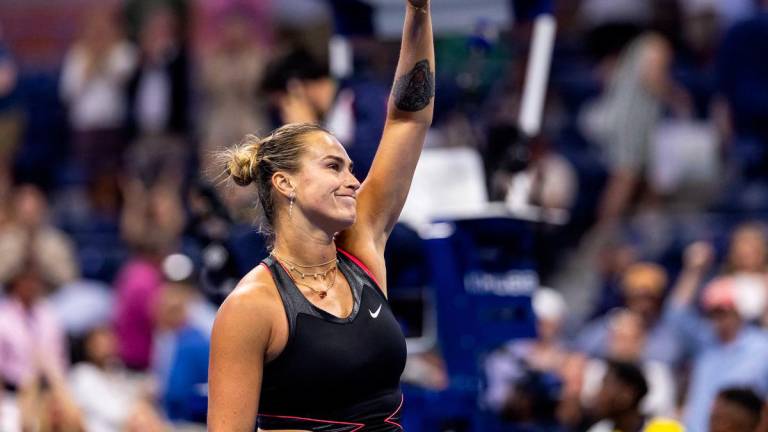 Aryna Sabalenka of Belarus celebrates her victory over Polina Kudermetova of Russia in the second round of the women’s singles at the US Open at Arthur Ashe Stadium in Billie Jean King National Tennis Center. - Mike Frey-Imagn Images via REUTERSPIX