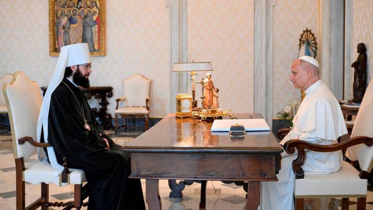 Pope Leo interacts with Metropolitan Antonij of Volokolamsk, at the Vatican July 26, 2025. - Simone Risoluti/Vatican Media/Handout via REUTERSPIX