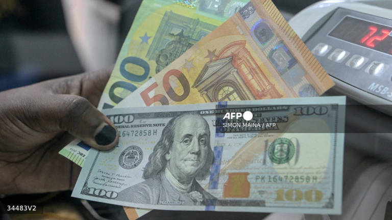 A teller displays US dollars and Euros at a money exchange market in Nairobi on November 20, 2023. - AFP