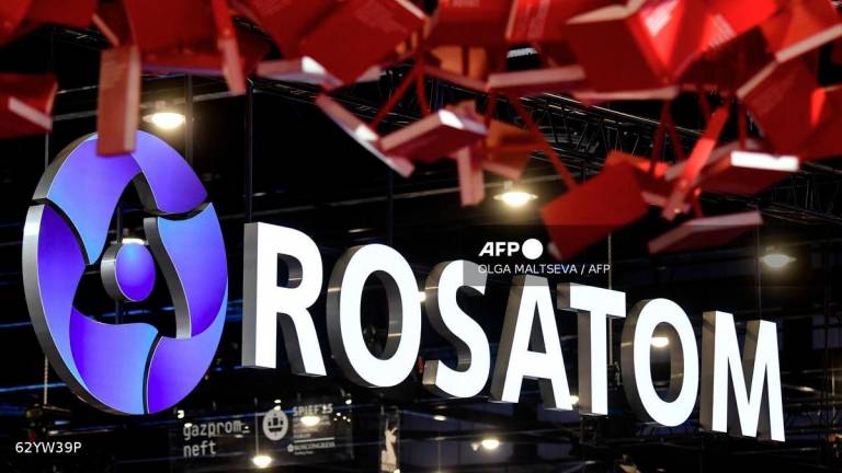 Russia's State Atomic Energy Corporation Rosatom logo is pictured at the Saint Petersburg International Economic Forum (SPIEF) in Saint Petersburg on June 19, 2025. - AFP