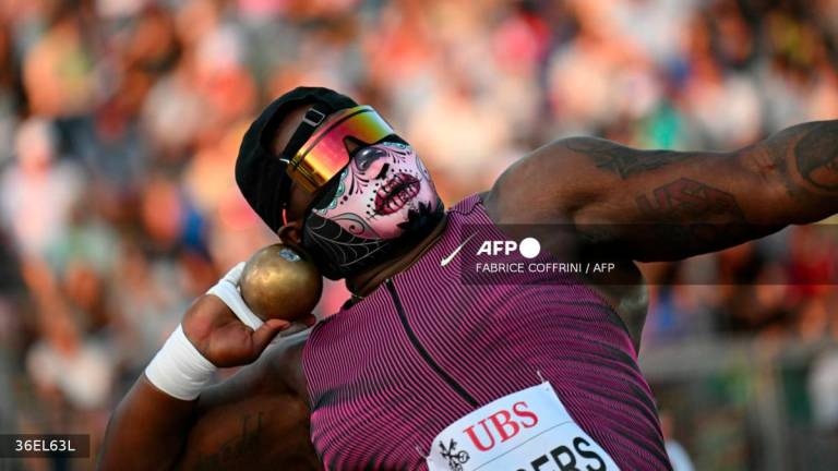 US' Raven Saunders competes in the women's shot put event at the Athletissima Diamond League athletics meeting in Lausanne on August 22, 2024. - AFPPIX