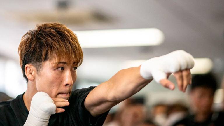 Japan’s Naoya Inoue takes part in a training session ahead of his super-bantamweight world title fight against Uzbekistan’s Murodjon Akhmadaliev, in Yokohama on September 2, 2025. - Philip FONG / AFP