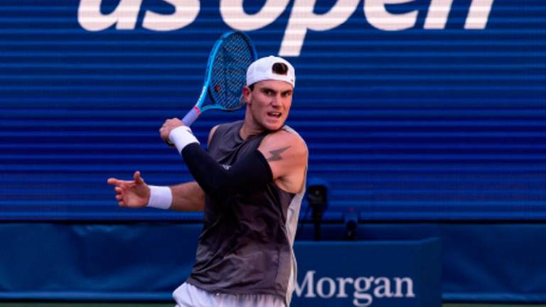 Jack Draper of United Kingdom in action against Federico Agustin Gomez of Argentina in the first round of the men’s singles at the US Open at Louis Armstrong Stadium in Billie Jean King National Tennis Centre. - Mike Frey-Imagn Images via REUTERSPIX