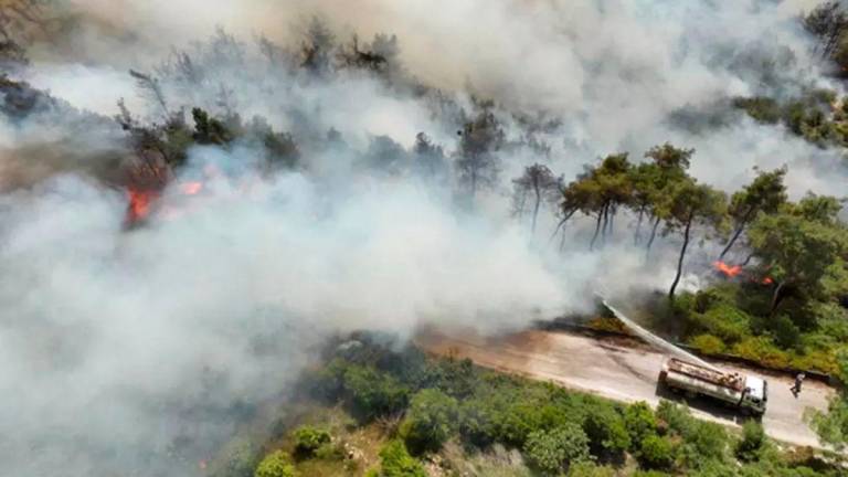 Firefighters battling forest fires in the Turkmen mountains in the al-Rabiah area of Syria’s western Latakia’s governorate. © AFP