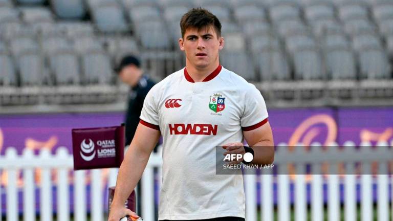 British &amp; Irish Lions’ player Dan Sheehan reacts during the Captain’s Run at Optus Stadium in Perth on June 27, 2025, ahead of the team’s rugby match against the Western Force. (Photo by SAEED KHAN / AFP)