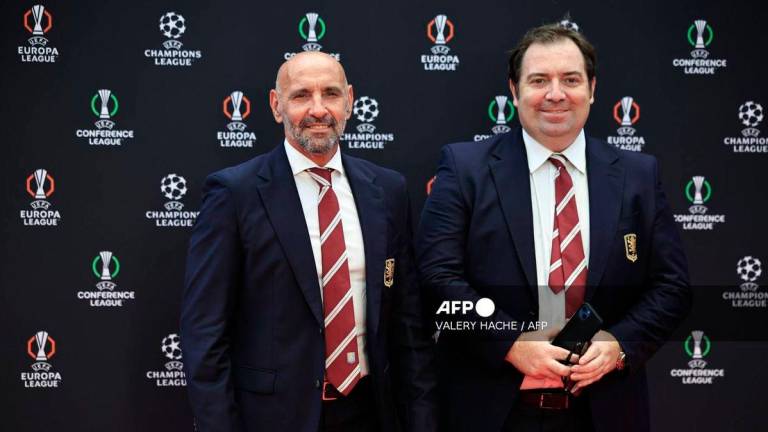 Aston Villa's President of football operations Ramon Rodriguez Verdejo Monchi (L) and Aston Villa's Director of Football Operations Damian Vidagany pose prior to the draw for the group stage of the 2024-2025 UEFA Champions League football tournament, at the Grimaldi Forum in Monaco on August 29, 2024. - AFP