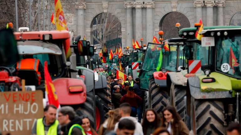 Demonstrators arrive in tractors in front of the Puerta de Alcala during a farmers protest to denounce their conditions and the European agricultural policy, on the Plaza de la Independencia square in Madrid, on February 21, 2024/AFPPix
