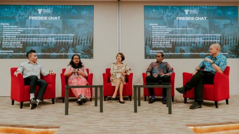 The distinguished panel comprised of (from left) Shahril, Dr Melati, Dr Tricia, Khairy and moderator Dr Ong participating in the fireside chat at Taylor’s campus at the launch of PPE