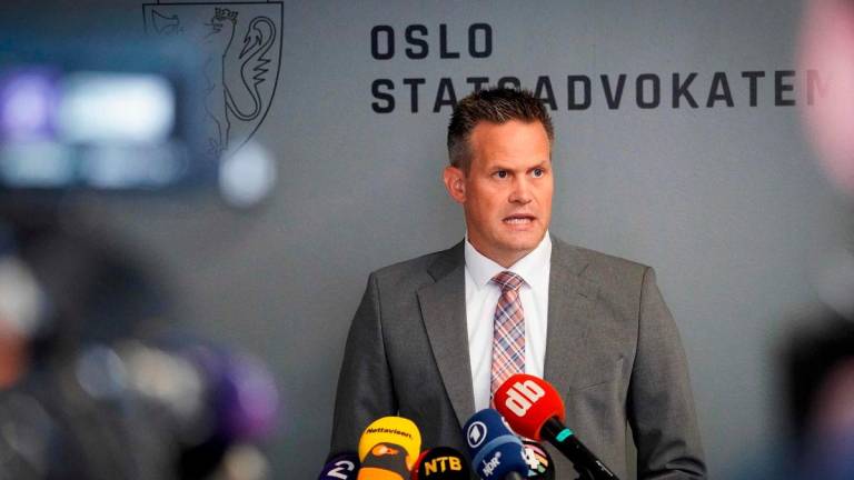 State Attorney Sturla Henriksbo addresses the press to report on the decision on the indictment of Marius Borg Hoiby, son of Norwegian Crown Princess Mette-Marit, in Oslo on August 18, 2025. Hoiby, son of Norwegian Crown Princess Mette-Marit, has been charged in four cases of rape, according to the prosecutor on August 18. - Norway OUT. Photo by Jonas FAESTE LAKSEKJON / NTB / AFP