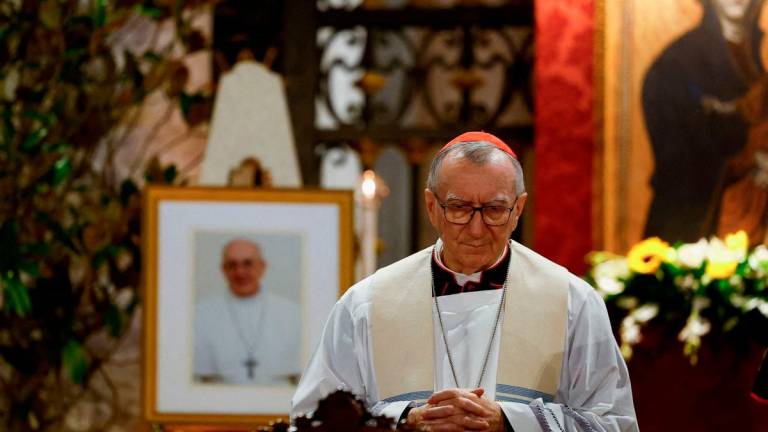 FILE PHOTO: The Vatican’s Secretary of State Cardinal Pietro Parolin looks on at the end of the Rosary for Pope Francis at the Papal Basilica of Saint Mary Major (Santa Maria Maggiore), following the death of the pontiff, in Rome, Italy, April 22, 2025. REUTERS/Susana Vera/File Photo