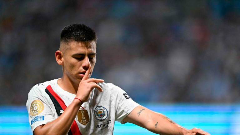 Manchester City’s Argentine midfielder #30 Claudio Echeverri celebrates scoring his team’s second goal during the FIFA Club World Cup 2025 Group G football match between England’s Manchester City and UAE’s Al Ain FC at the Mercedes-Benz stadium in Atlanta on June 22, 2025 - AFP