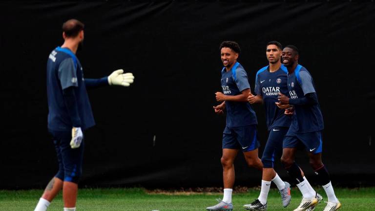 Paris St Germain’s Gianluigi Donnarumma, Marquinhos, Ousmane Dembele and Achraf Hakimi during training REUTERS