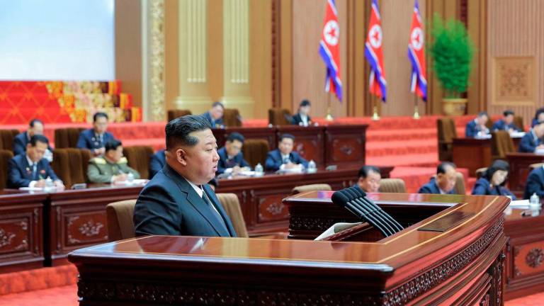 This undated picture released by North Korea’s official Korean Central News Agency (KCNA) on September 22, 2025 shows North Korean leader Kim Jong Un delivering a speech at the 13th Session of the 14th Supreme People’s Assembly of the Democratic People’s Republic of Korea at the Mansudae Assembly Hall in Pyongyang. - Photo by KCNA VIA KNS / AFP