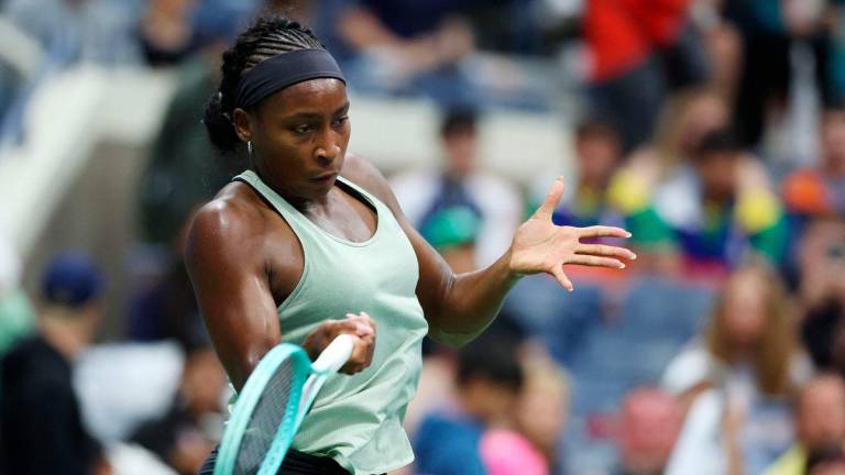 Coco Gauff hits the ball during a practice session prior to the start of the US Open at USTA Billie Jean King National Tennis Center on August 20, 2025 in New York City. Al Bello/Getty Images/AFP (Photo by AL BELLO / GETTY IMAGES NORTH AMERICA / AFP)