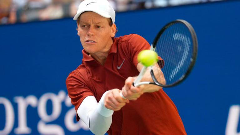 Jannik Sinner (ITA) hits to Vit Kopriva (CZE) (not pictured) on day three of the 2025 U.S. Open tennis tournament at the USTA Billie Jean King National Tennis Center. Robert Deutsch-Imagn Images
