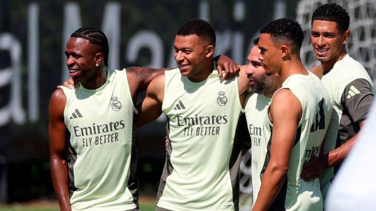 Real Madrid’s Vinicius Junior, Kylian Mbappe, Dani Carvajal, Trent Alexander-Arnold and Jude Bellingham during training REUTERSpix