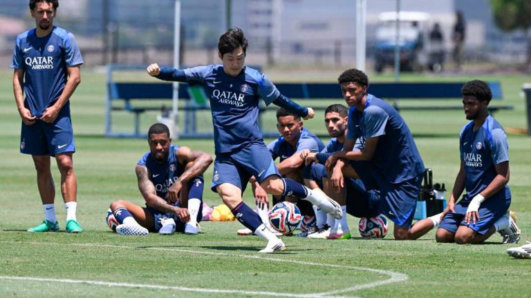 Paris Saint-Germain’s South Korean midfielder #19 Kang-in Lee kicks the ball during a training session at the California University on the eve of the FIFA Club World Cup 2025 football match between Paris Saint-Germain and Atletico Madrid in California City on June 14, 2025.
