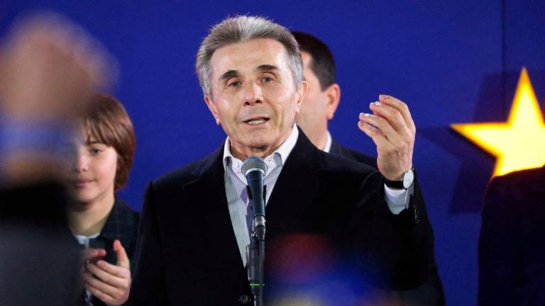 FILE PHOTO: Founder of the Georgian Dream party Bidzina Ivanishvili speaks after the announcement of exit poll results in parliamentary elections, at the Georgian Dream party headquarters in Tbilisi, Georgia October 26, 2024. REUTERSpix