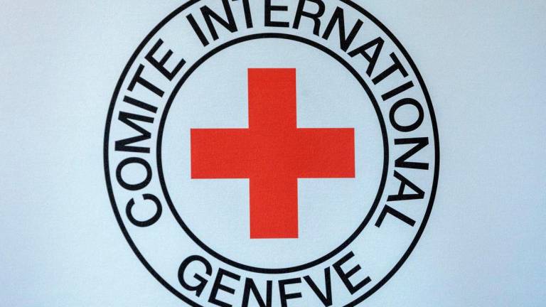 FILE PHOTO: Logo of the ICRC is seen during the press conference of Robert Mardini, Director-General of the International Committee of the Red Cross (ICRC) in Geneva, Switzerland, September 11, 2023. REUTERS/Denis Balibouse/File Photo