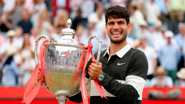 Spain’s Carlos Alcaraz celebrates with the trophy after winning his final against Czech Republic’s Jiri Lehecka Action Images via REUTERS