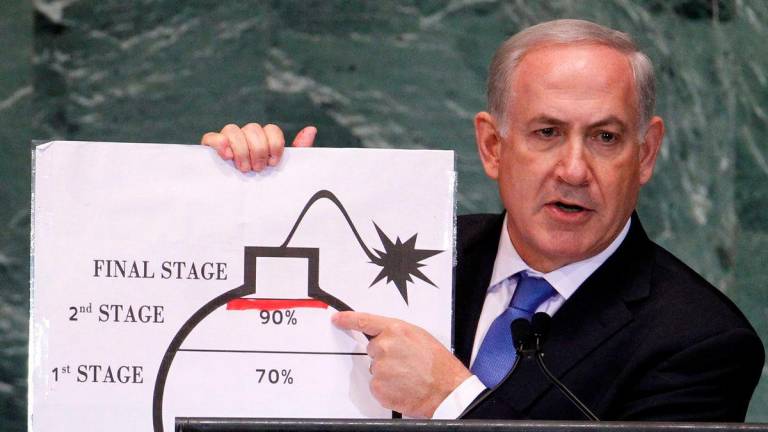 FILE PHOTO: Israel’s Prime Minister Benjamin Netanyahu points to a red line he drew on the graphic of a bomb used to represent Iran’s nuclear program as he addresses the 67th United Nations General Assembly at the U.N. Headquarters in New York, September 27, 2012. The red line represents a point where he believes the international community should tell Iran that they will not be allowed to pass without intervention. REUTERSpix