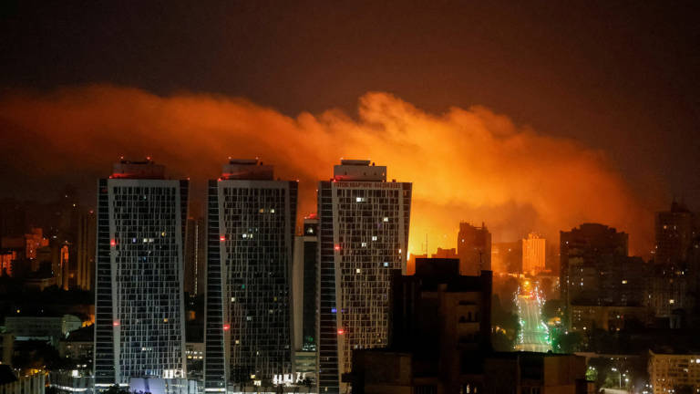 An explosion of a drone lights up the sky over the city during a Russian drone and missile strike, amid Russia's attack on Ukraine, in Kyiv, Ukraine July 10, 2025. - REUTERS