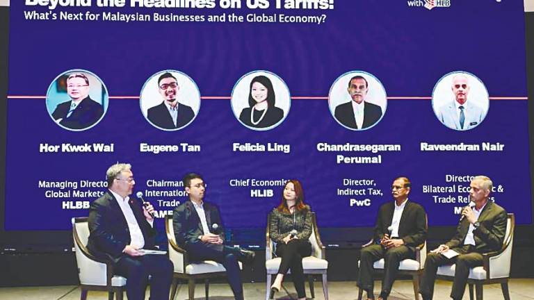 From left: Hong Leong Bank managing director of global markets Hor Kwok Wai, Samenta chairman of international trade Eugene Tan, Hong Leong Investment Bank chief economist Felicia Ling, PwC Malaysia director of tax Chandrasegaran Perumal and Raveendran during the panel discussion.