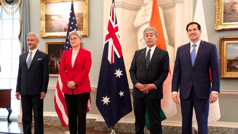 Indian External Affairs Minister Subrahmanyam Jaishankar, Australia’s Foreign Minister Penny Wong, Japanese Foreign Minister Takeshi Iwaya and U.S. Secretary of State Marco Rubio stand together at the start of their meeting of the Indo-Pacific Quad at the State Department in Washington, D.C., U.S., July 1, 2025. - REUTERSPIX