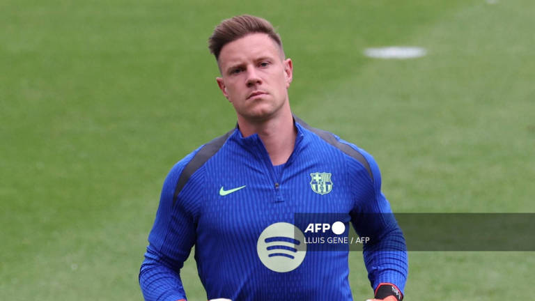 Barcelona's German goalkeeper #01 Marc-Andre Ter Stegen takes part in a training session on the eve of the UEFA Champions League football match between AS Monaco and FC Barcelona at the Joan Gamper training ground in Sant Joan Despi, near Barcelona, on September 18, 2024. - AFP