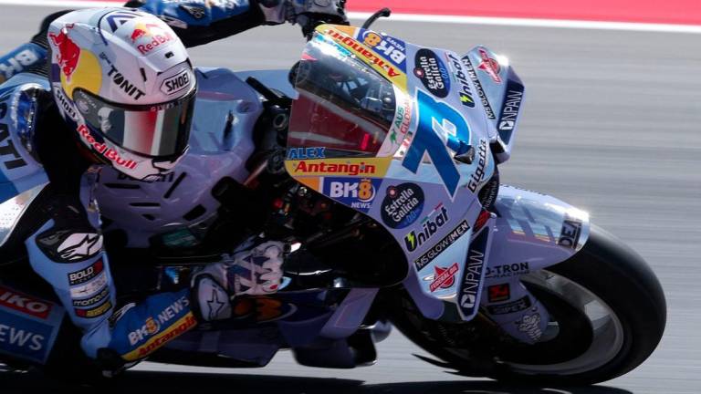 BK8 Gresini Racing MotoGP team's Spanish MotoGP rider Alex Marquez leads during the MotoGP Sprint Race of the Moto Grand Prix of Catalonia at the Circuit de Catalunya on September 6, 2024 in Montmelo on the outskirts of Barcelona. - AFPPIX