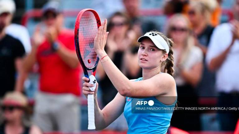 Elena Rybakina of Kazakhstan celebrates a victory against Dayana Yastremska of Ukraine during their fourth round singles women’s match on Day Seven of the WTA 1000 National Bank Open at IGA Stadium on August 2, 2025 in Montreal, Quebec, Canada. (Photo by Minas Panagiotakis / GETTY IMAGES NORTH AMERICA / Getty Images via AFP)