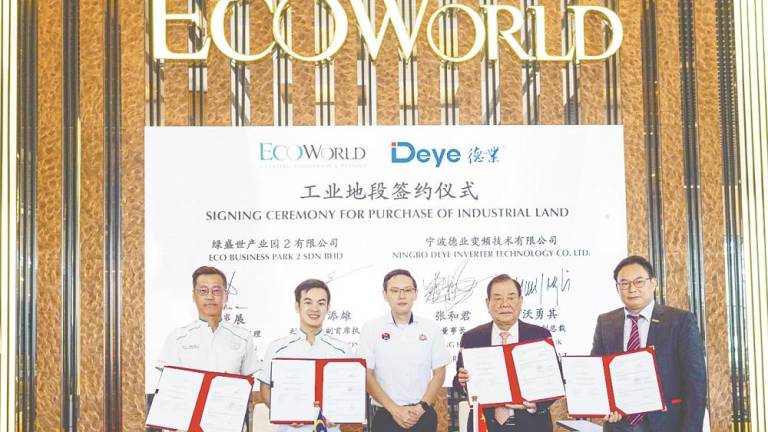 From left: Eco World Development Group Bhd divisional general manager Phan Yan Chan, Liew, Johor State Investment, Trade, Consumer Affairs &amp; Human Resources committee chairman Lee Ting Han, Ningbo Deye Inverter Technology Co Ltd chairman Zhang He Jun and vice-president Singapore Victor Yuk.