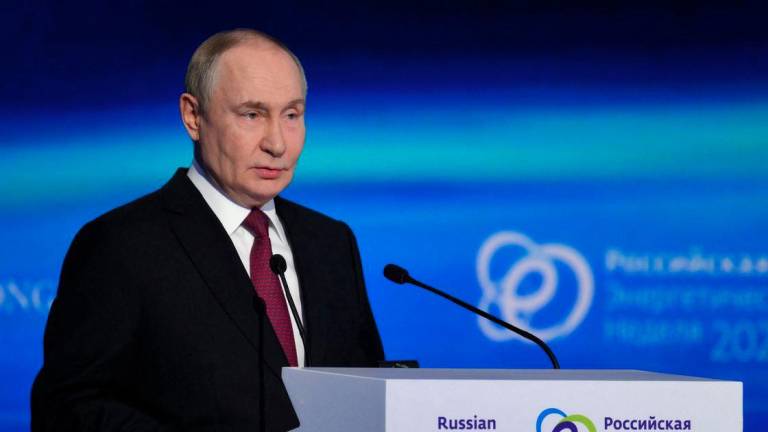 Russian President Vladimir Putin speaks at the plenary session of the Russian Energy Week international forum in Moscow, Russia October 16, 2025. - Sputnik/Grigory Sysoev/Pool via REUTERSPIX