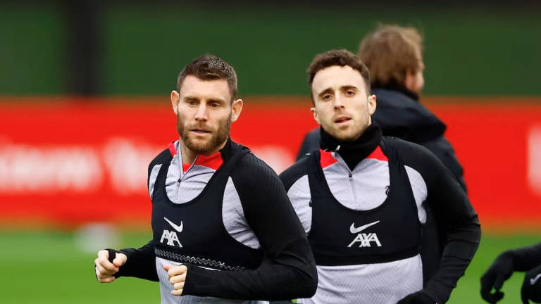 Soccer Football - Champions League - Liverpool Training - AXA Training Centre, Liverpool, Britain - February 20, 2023 Liverpool’s James Milner and Diogo Jota during training. - Action Images via REUTERS