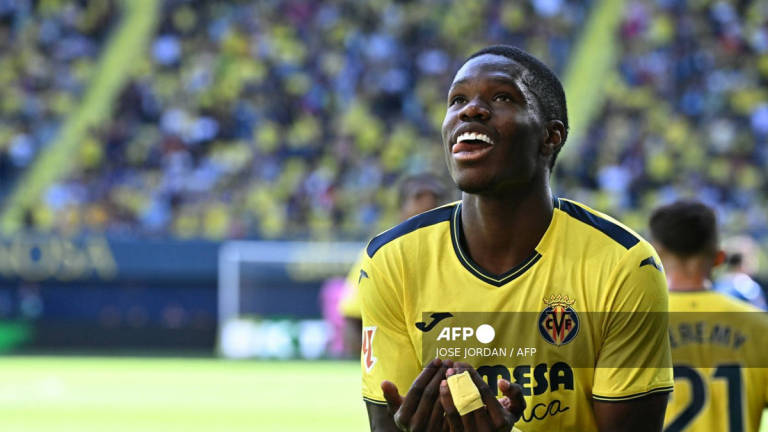 Villarreal’s French forward #15 Thierno Barry celebrates scoring a goal later annulled during the Spanish league football match between Villarreal CF and RCD Espanyol at La Ceramica stadium in Vila-real on April 27, 2025. - AFP