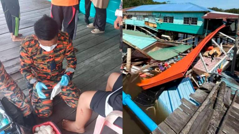 L: Rescuers treating one of two teen brothers who suffered minor scratches / R: The double storey house at Kampung Seberang Masjid Awat Awat collapsed into the river - Jabatan Bomba dan Penyelamat Malaysia Sarawak